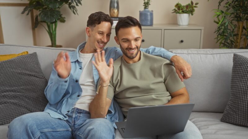 Gay couple on a virtual counseling call. 