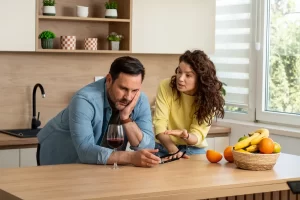 Concerned couple discussing alcohol use at home highlighting the impact of alcohol addiction on relationships